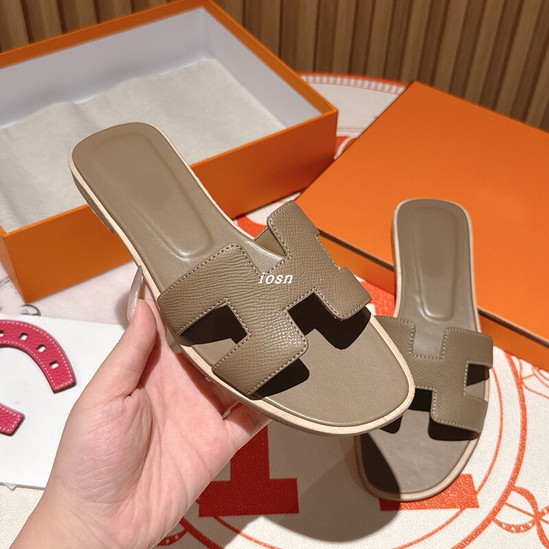 Iosn/Palm Print Flat Series Classic Slippers for Women, Elephant Gray Genuine Leather Sole Casual Slip-On Sandals