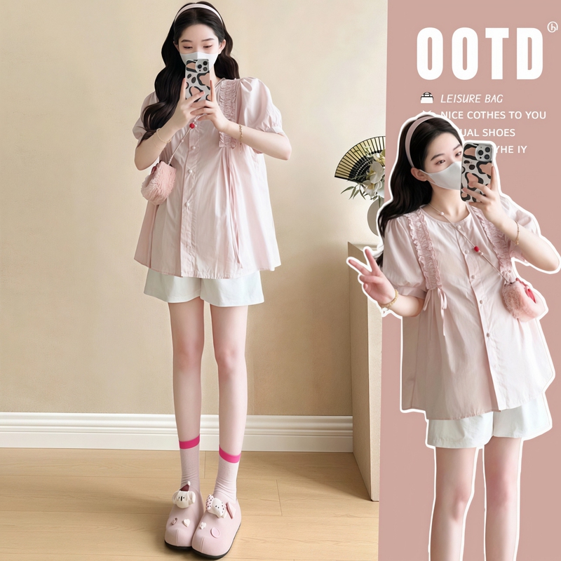 Maternity Wear "Sweet Cool Formula" Korean Style Pink Puff Sleeve Shirt for Women, Summer Loose and Stylish Top That Covers the Belly