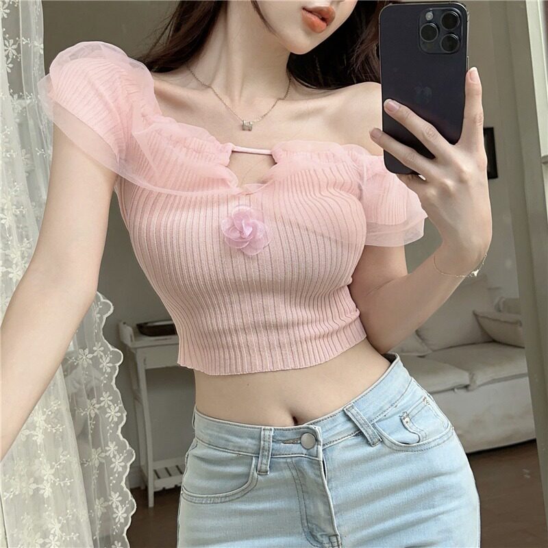 Summer French-Style Sweet and Spicy Pure Desire Sexy Mesh Patchwork One-Shoulder Knit Top for Women with Unique Design Short Top