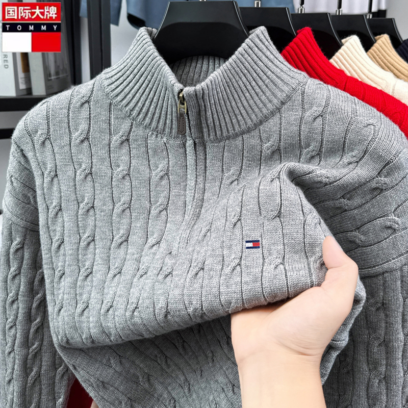 Tommy Men's Sweater Old Money Style Cable Knit Half-Zip Stand Collar Cable Knit Autumn and Winter Thick Knit Base Layer Sweater Tommy Men's Sweater Old Money Style Cable Knit Half-Zip Stand Collar Cable Knit Autumn and Winter Thick Knit Base Layer Sweater