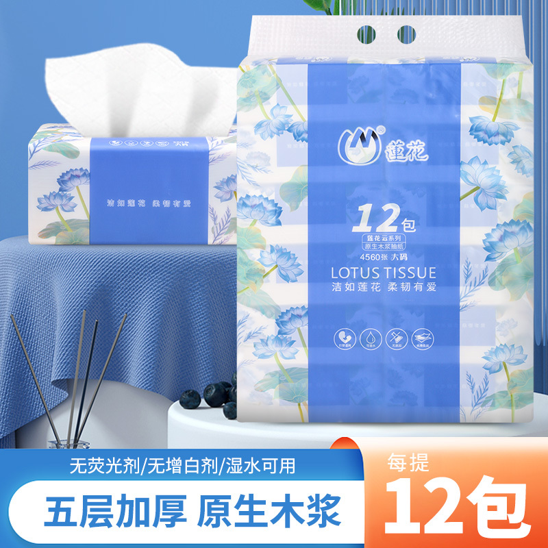 Lotus Tissue Cloud Series 380 Sheets, Five-Ply, Water-Resistant, Made from Virgin Wood Pulp, Economical Family Pack, Whole Piece, Ten Packs, 120 Packs