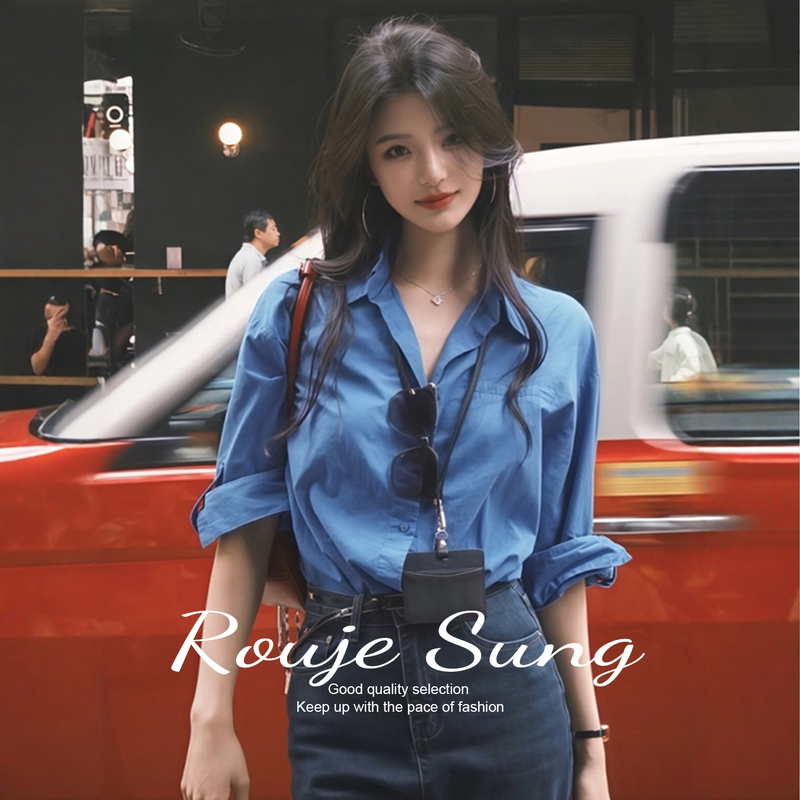 Rouje Sung Hong Kong Style Retro Long-Sleeved Shirt for Women, Autumn High-End Polo Collar Shirt, Loose and Elegant Top