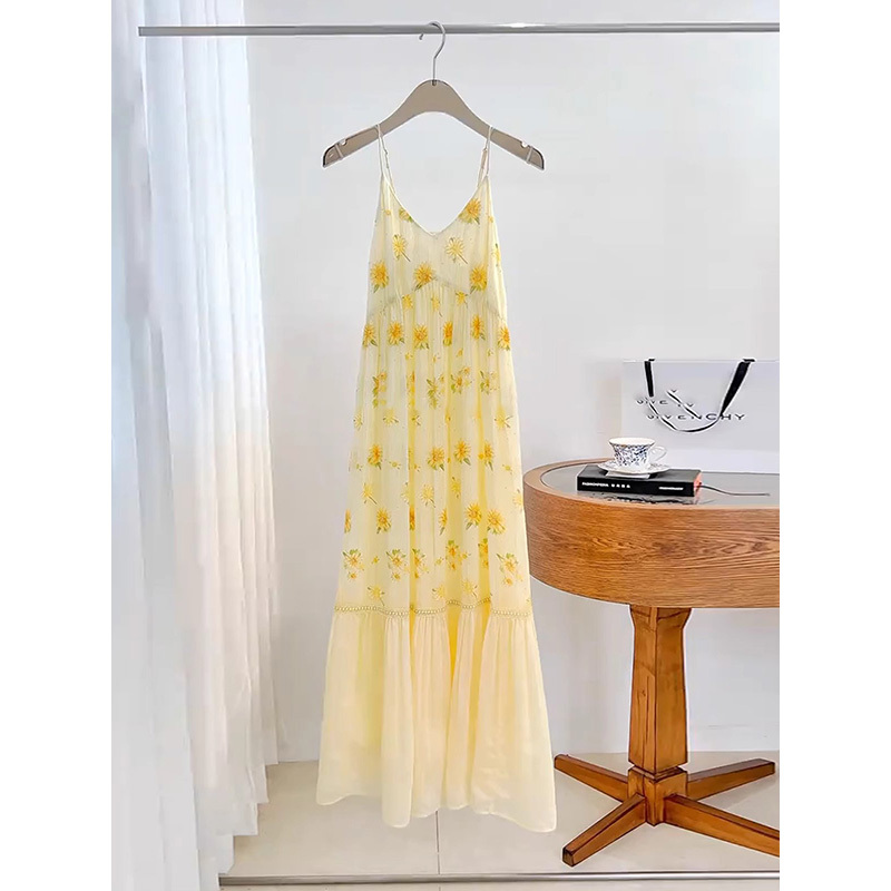 Yellow Floral Dress with Straps, Atmospheric Skirt, 2026 Summer New French-Style High-End Long Dress for Women