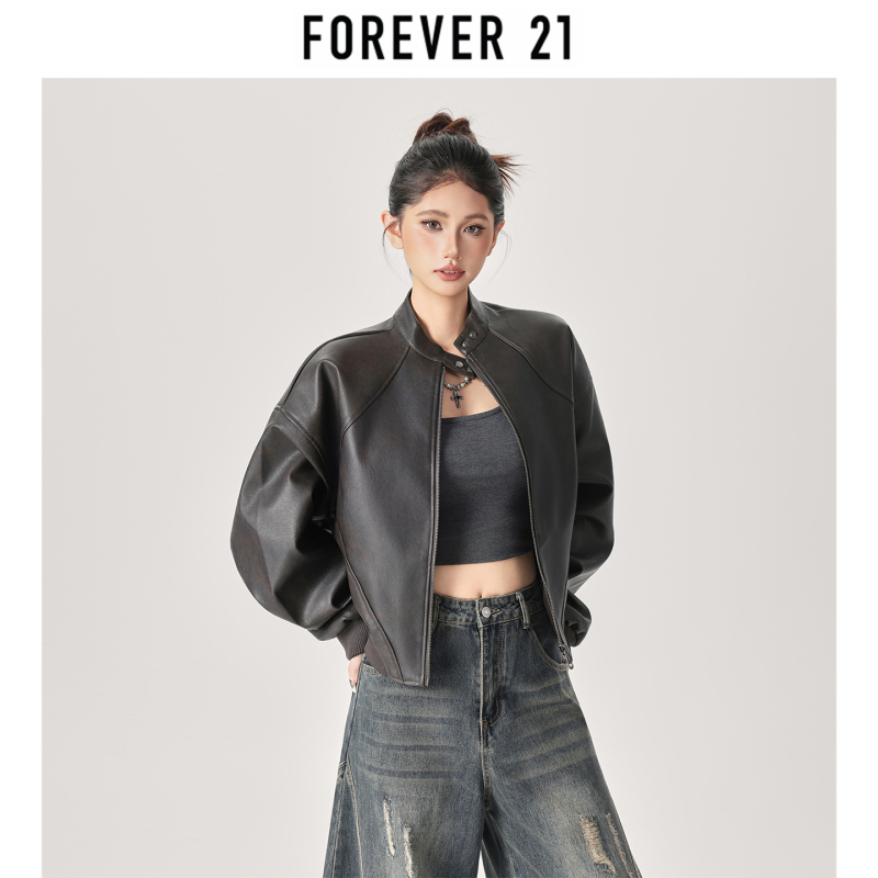 Forever 21 American-Style Stand-Up Collar Long-Sleeve Jacket for Women, Spring 2026 New Loose Slimming Leather Jacket Top