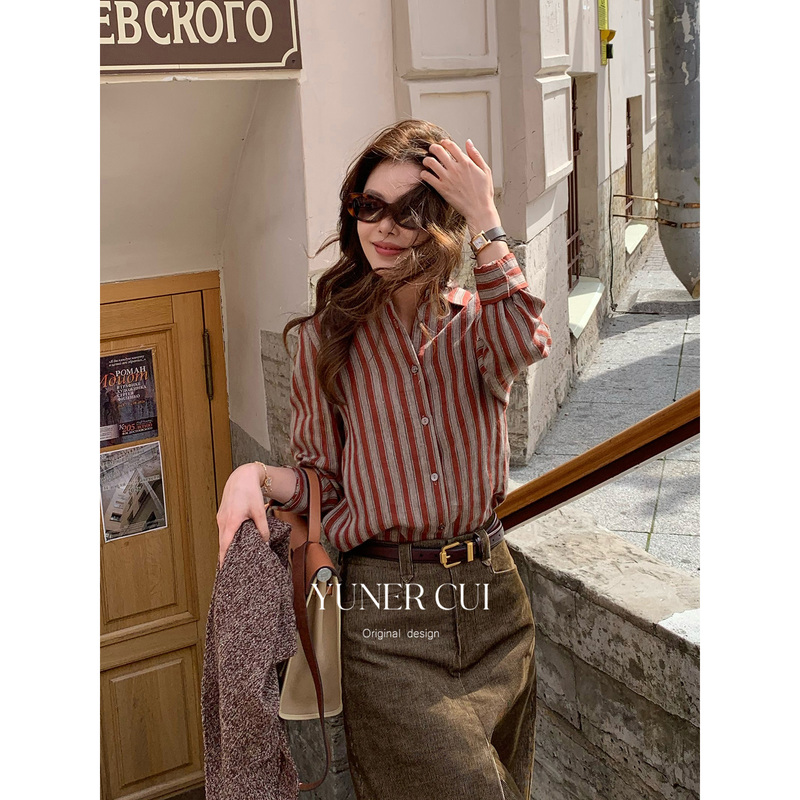 Cuiyuner Relaxed Retro Artistic Style Yarn-Dyed Herringbone Linen Striped Shirt Wwj26004 Cuiyuner Relaxed Retro Artistic Style Yarn-Dyed Herringbone Linen Striped Shirt Wwj26004