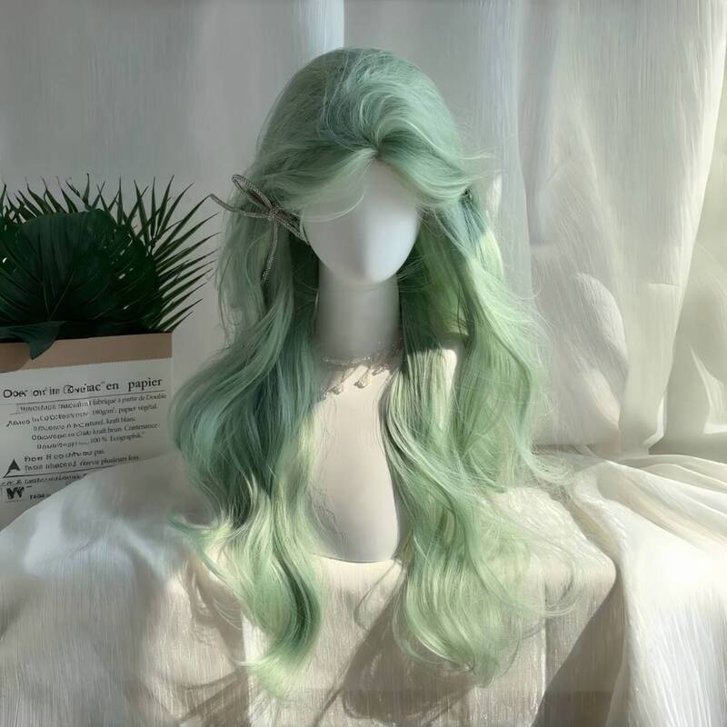 Mint Green Medium-Parted Long Curly Hair Full Wig for Women, Cool Summer Limited Edition, Brightening Green Big Wave Synthetic Wig