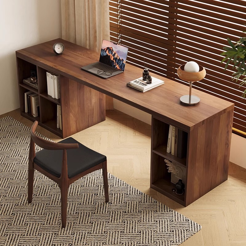 Solid Wood Long Desk with Bookshelf and Drawers, Calligraphy Table, Bedroom Bookcase, Double Workstation, Computer Study Table