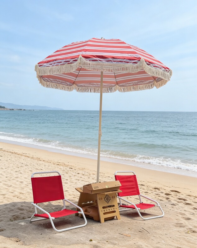 Striped Beach Umbrella, Outdoor Umbrella, Retro Cotton with Tassels, Sunshade, Sun Protection, Leisure Garden Umbrella, Beach Sunshade Umbrella