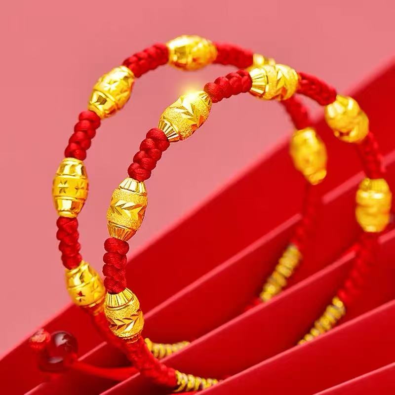 Lucky Bead Gold-Plated Silver 9999 Women's Bracelet, Red String Woven Gold Bracelet, Gold Beads with Red String, Never-Fading Jewelry