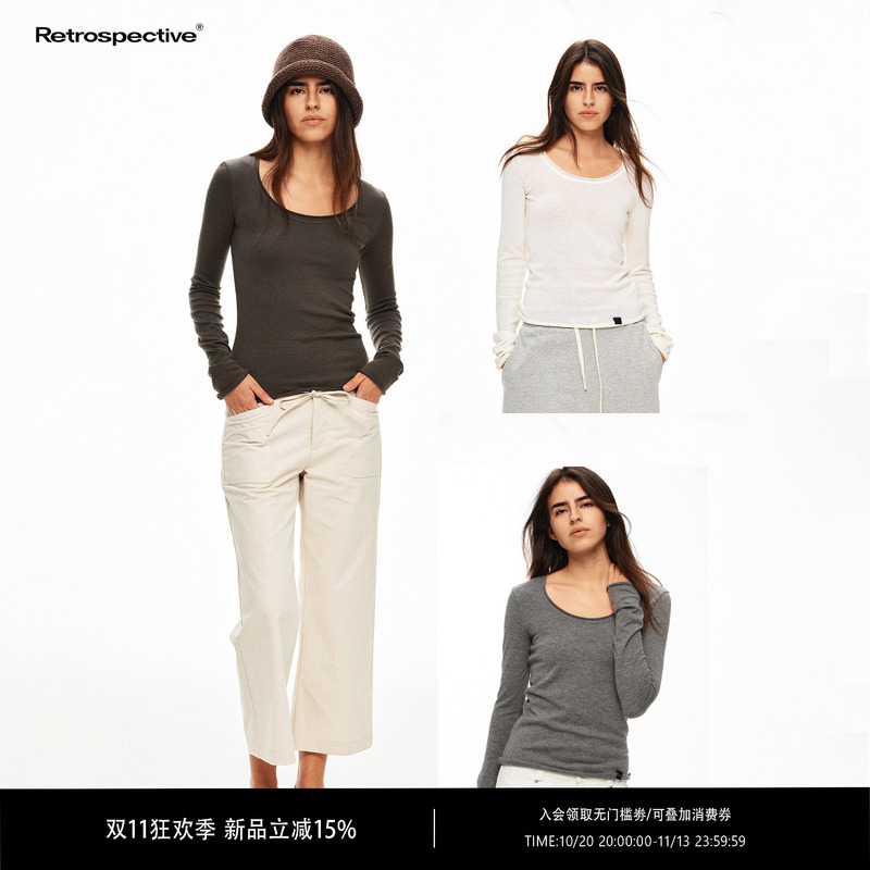 Rpt (Retrospective) "Retro Series" Three-Color Rolled Edge U-Neck Wool Blend Knit Texture Long Sleeve