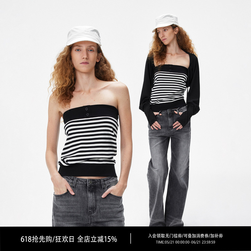 Rpt Retro Striped Knitted Double-Button Chest Non-Slip Design Short Tube Top Shawl Two-Piece Casual Set Rpt Retro Striped Knitted Double-Button Chest Non-Slip Design Short Tube Top Shawl Two-Piece Casual Set