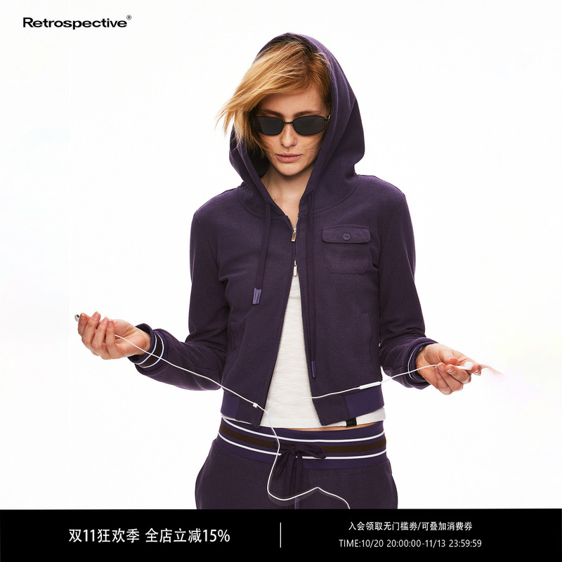 Rpt (Retropective) Towel-Textured Drawstring Relaxed Knit Set with Zip-Up Hooded Sweatshirt