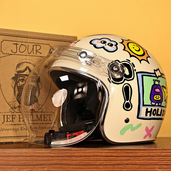 Taiwan Jef Retro Motorcycle Helmet for Men and Women, Electric Scooter All-Season Safety Helmet, 3/4 Helmet, 3C Cartoon, Autumn and Winter