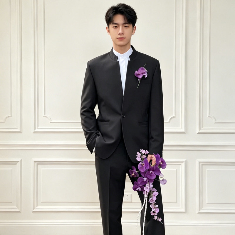 Elegant New Chinese Style Wedding Suit for Men with Stand Collar, Zhongshan Style Suit for Groom and Best Man, Engagement Suit Set