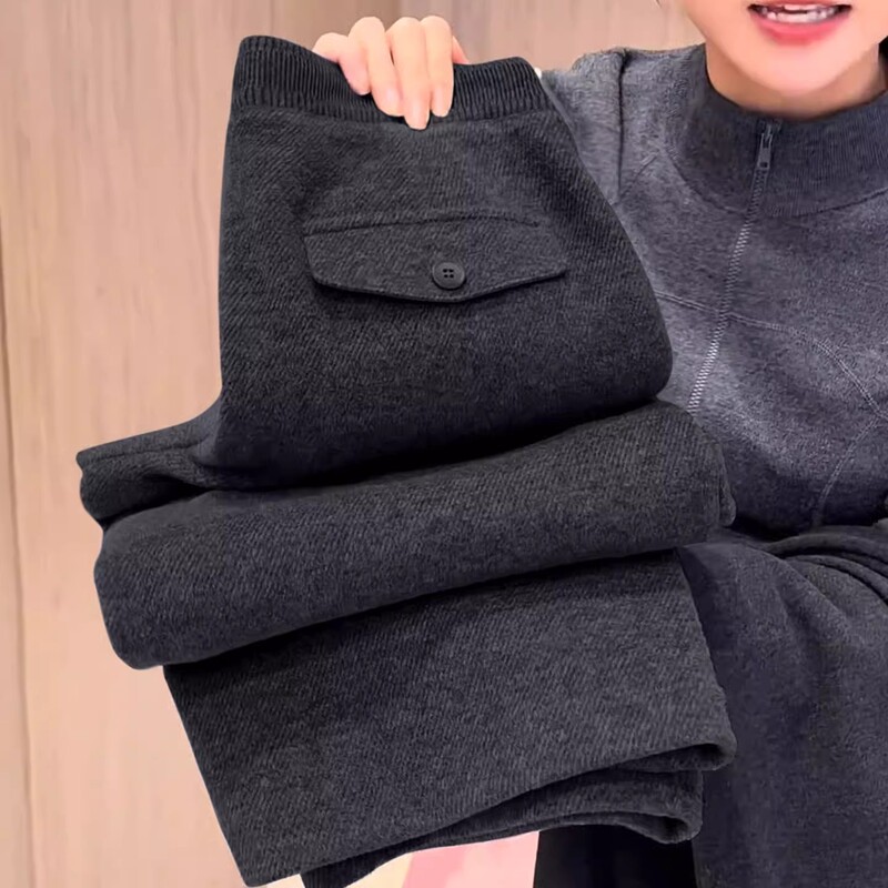 Wool Wide-Leg Pants for Women 2025 New Autumn and Winter Fleece-Lined Straight Pants Petite Black Gray High-Waisted Casual Sports Long Pants