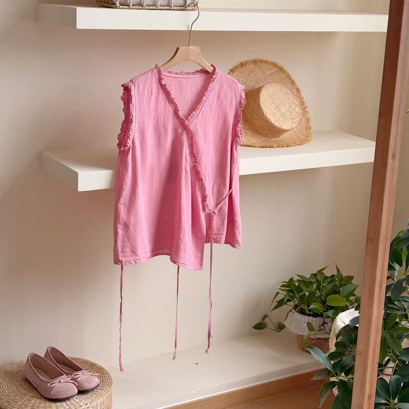 Xiaoqijia A0973 - Summer New Style Pink Lace Diagonal Placket Design Sleeveless Versatile Loose Women's Linen Shirt