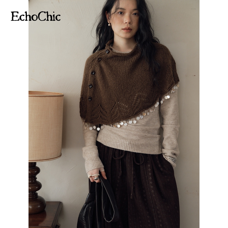 Echochic'Little Leaves Know Autumn' Mohair Wool Blend Hollow Knit Shell Cape Sweater Top