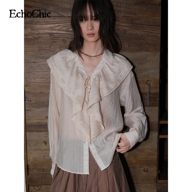 Echochic'Wind Blowing Lotus Blouse' Lyocell Tencel Fabric Lapel Embroidered Lace Ruffle Shirt Top