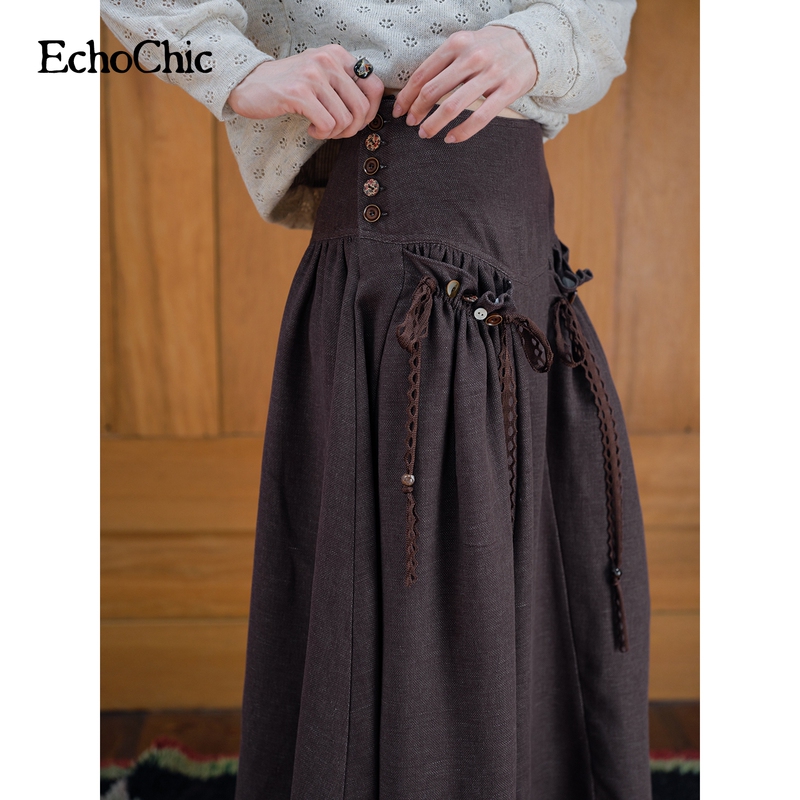 Echochic'Mist Path Leisure' Lyocell Linen Texture Fabric Wide-Leg Straight Pants Pleated Skirt Pants for Women