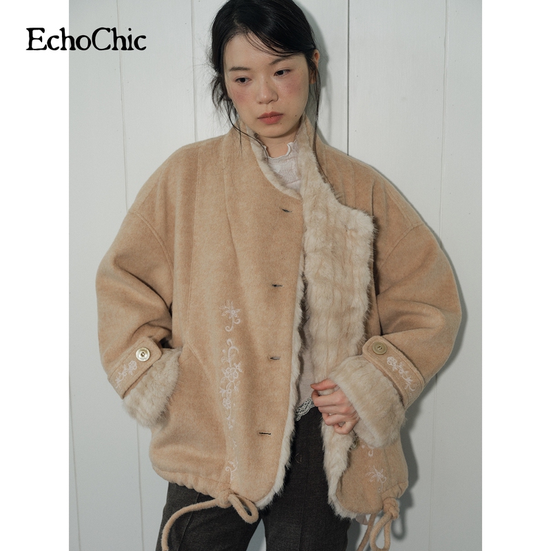 Echochic'Winter's Embers' Floral Embroidery Lapel Embroidered Drawstring Relaxed Vintage Woolen Coat Echochic'Winter's Embers' Floral Embroidery Lapel Embroidered Drawstring Relaxed Vintage Woolen Coat