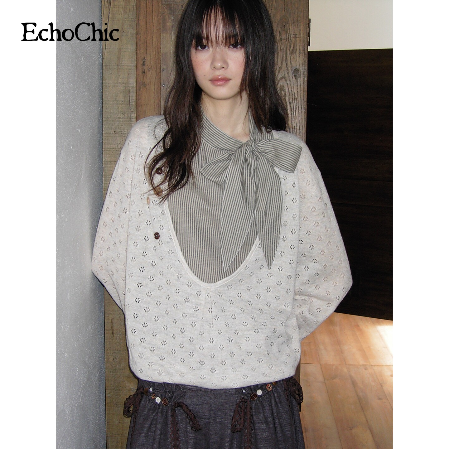 EchoChic「悸动时光」镂空提花针织料 层次感假两件 复古衬衫上衣
