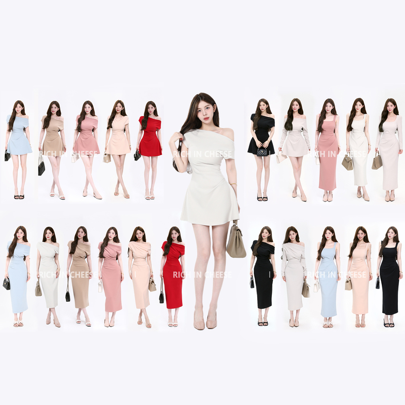 Shuhulei Elegant Moonlight French-Style Asymmetrical Shoulder High-End Stretchy Slimming Pleated Design Waist-Cinching Dress