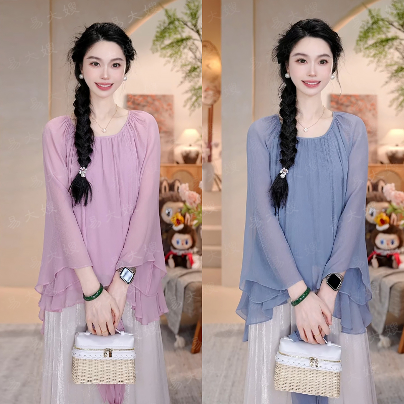 【Feng Qingyao】New Chinese-Style National Style Silk 100% Mulberry Silk Top 2026 Summer New Crepe Women's T-Shirt