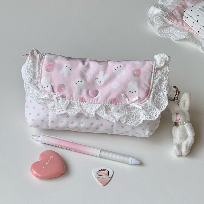 Strawberry Rabbit Pencil Case ins Style Girly High-Value Makeup Bag Cute Cartoon Student Large Capacity Stationery Bag