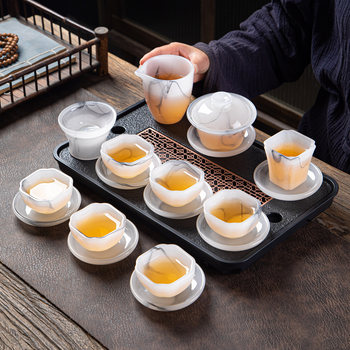 High-End Glazed Tea Set, Ice Crystal White Jade, Classy Light Luxury Tea Brewing Bowl, Tea Cup, Office Gift Box Set