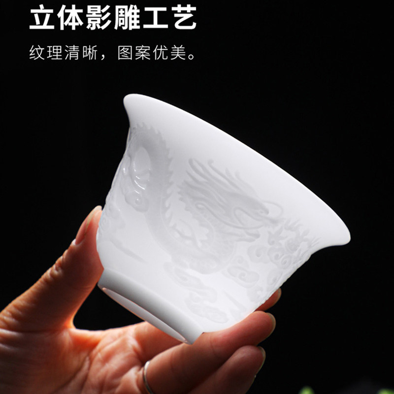 Light Luxury High-End Ice Jade Tea Set, Chinese-Style Home Use Embossed Teapot, White Porcelain Kung Fu Gaiwan, Gift Set