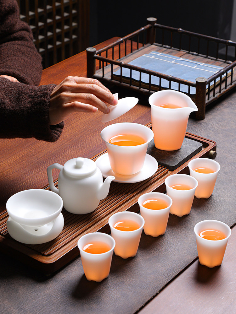 High-End Unglazed Ice White Jade Porcelain Tea Set for Home Use, Light Luxury Jadeite Kung Fu Tea Pot and Teacup Gift Box Set