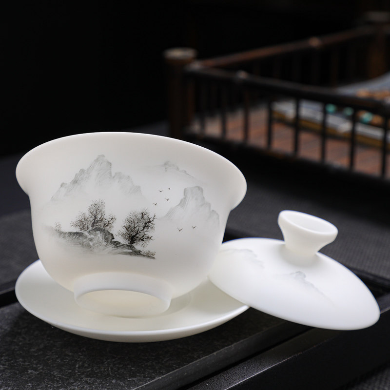 Light Luxury High-End Plain-Fired Jade Porcelain Tea Set for Home Use, Master Hand-Painted Ceramic Kung Fu Gaiwan Teapot Gift Box