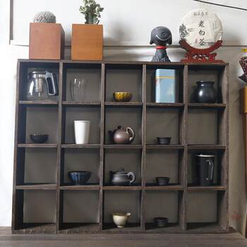 Retro bogu shelf tea room wall-mounted grid storage box tea cup tea cup purple sander tea set display organizing wooden grid