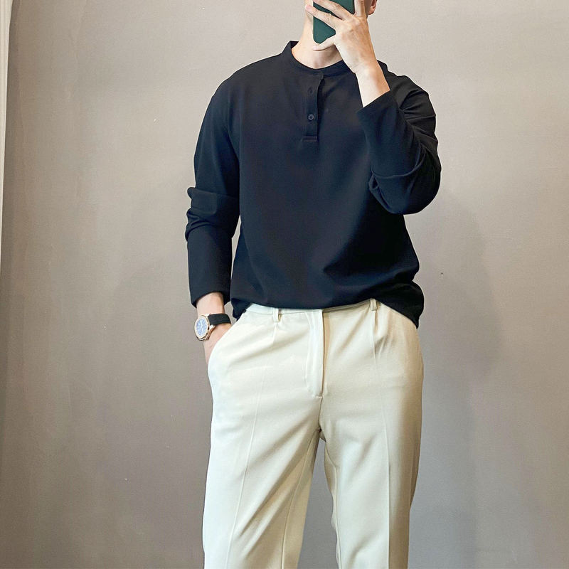 Men's Thin Henley Collar Casual Long-Sleeve T-Shirt, Stylish and Simple, with a Draping Waffle Texture, Loose Fit for Men