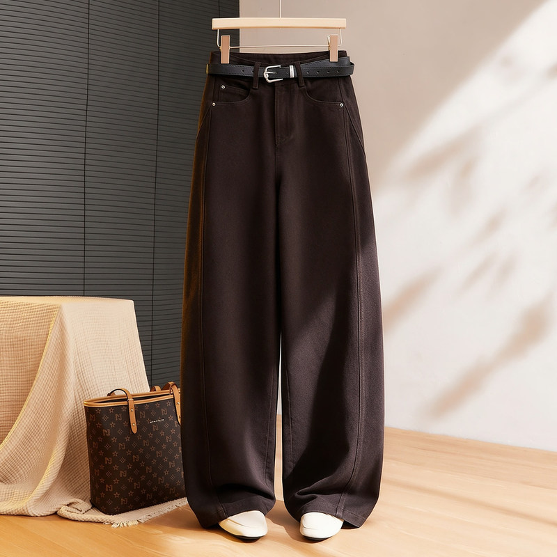 Coffee-Colored Denim Wide-Leg Pants for Women, Fall 2026 New Style, Hip-Covering, Loose-Fitting, American-Style Popular Wide-Leg Pants, Straight-Leg Pants