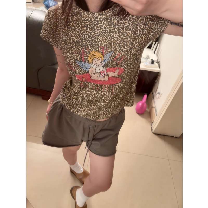 Naughty Season Fruit American Sweetheart Style ~ Leopard Print Little Angel Print Round Neck Regular Shoulder Slim Fit Top Women's T-Shirt Short Sleeve Summer Naughty Season Fruit American Sweetheart Style ~ Leopard Print Little Angel Print Round Neck Regular Shoulder Slim Fit Top Women's T-Shirt Short Sleeve Summer