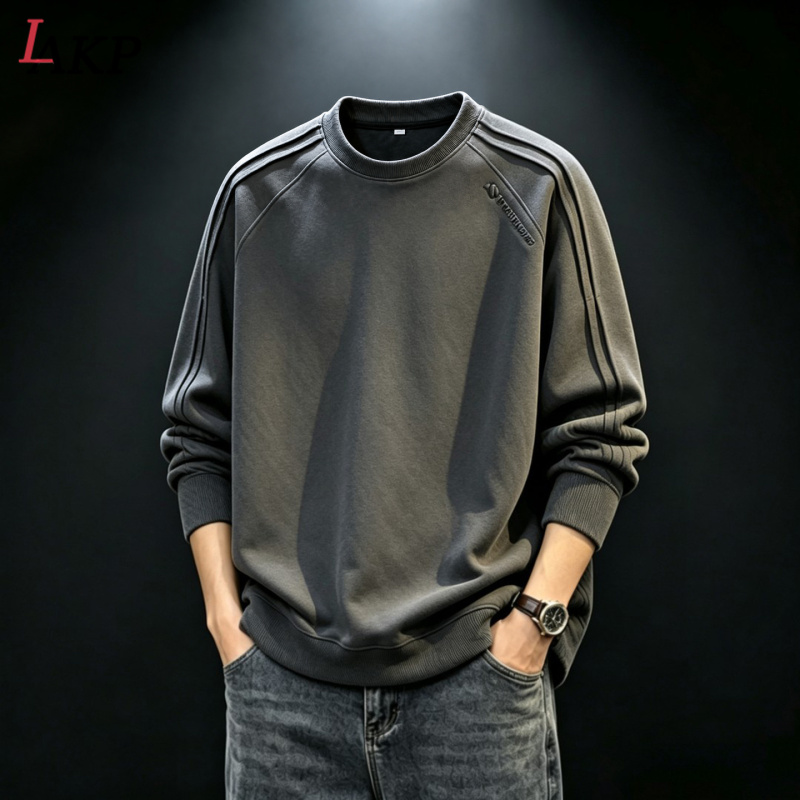 American-Style Crew Neck Sweatshirt for Men, 2026 New Model, Spring, Autumn and Winter, Fleece-Lined, Thickened, Large Size, Base Layer, Men's Long-Sleeve T-Shirt