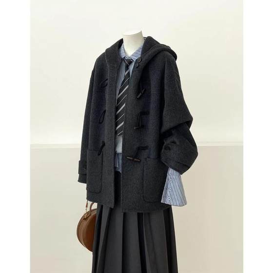 
horn button hooded wool coat for women 2024 new autumn and winter high-end wool coat Korean small and short