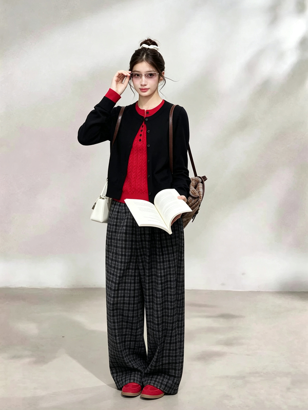 Cream Kitten Red and Black Sonata Fake Two-Piece Knitted Cardigan Women's Autumn Round Neck Sweater Jacket Top