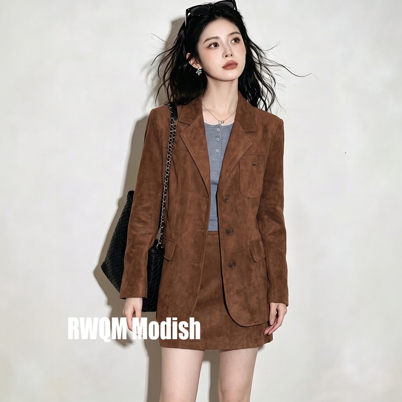 Melard Suede Brown Suit Skirt Set for Women, Autumn 2026 New Style, Jacket and Skirt Two-Piece Set Melard Suede Brown Suit Skirt Set for Women, Autumn 2026 New Style, Jacket and Skirt Two-Piece Set