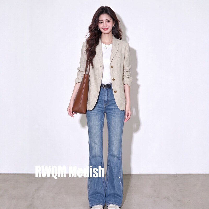 Gray Blazer and Jeans Suit for Women, 2026 Autumn, High-End, Versatile, Loose-Fitting Small Suit Set for the Workplace