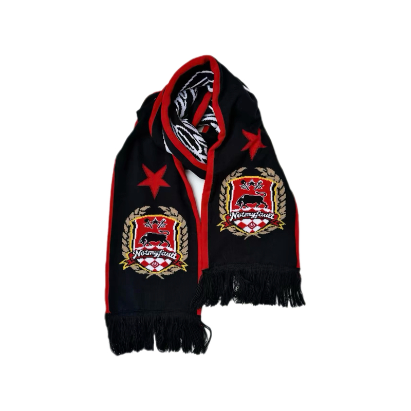 Notmyfault Football Scarf with Floral Jacquard Five-Pointed Star Badge and Tassel Scarf Notmyfault Football Scarf with Floral Jacquard Five-Pointed Star Badge and Tassel Scarf