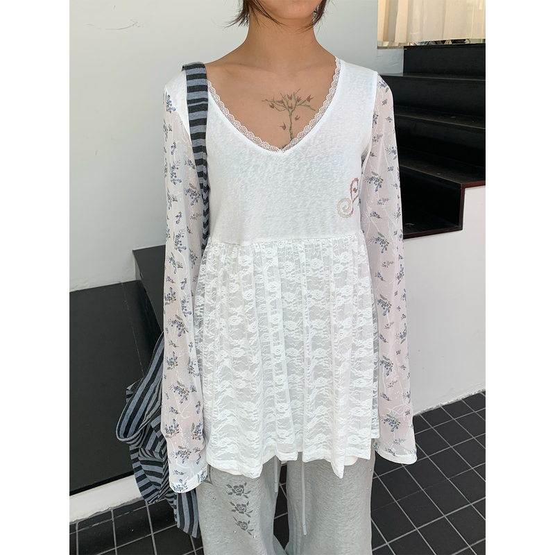 Eddyplan Swirl Project Ballet-Style Mesh T-Shirt Long-Sleeve Lace All-Over Print Base Shirt Cover-Up Breathable