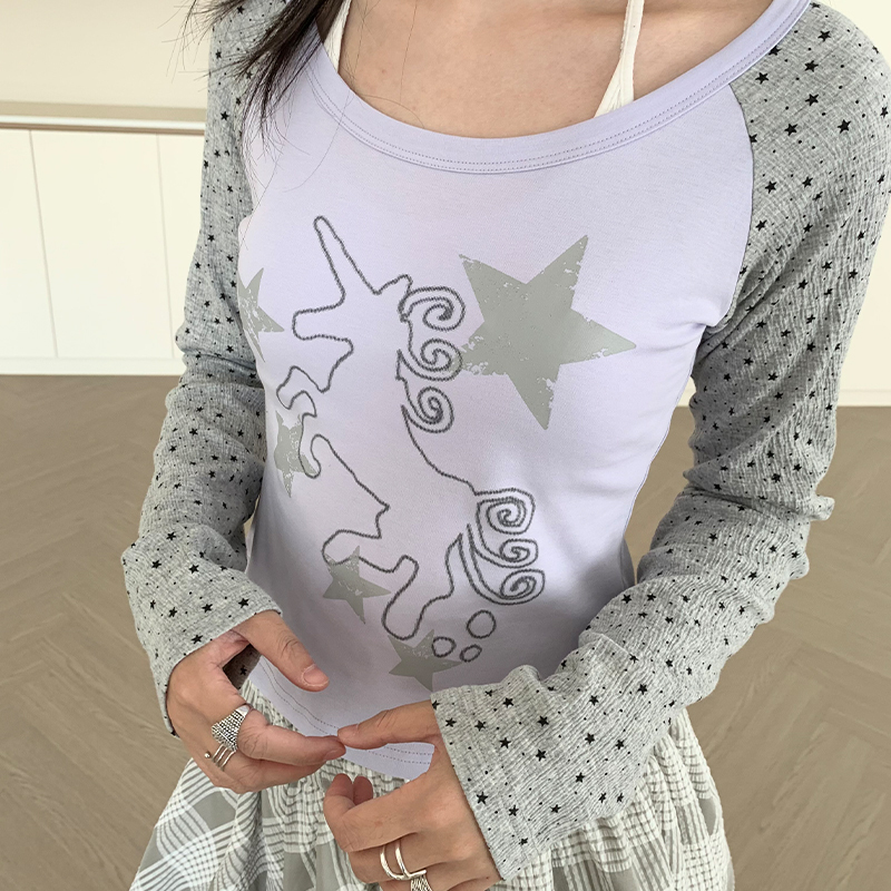 Eddyplan Swirl Project Casual Style Top with Pony Print, Polka Dot Patchwork, Long Sleeves, Slim Fit, Purple