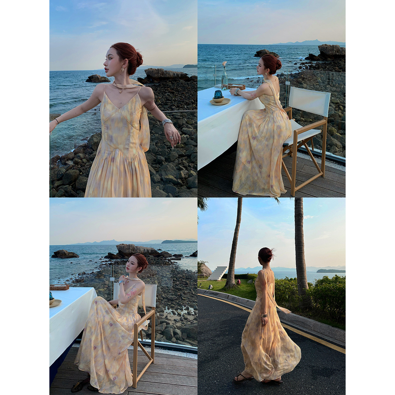 Sanjin 1.5kg Matte Cream French Style Waist-Cinching Printed Gradient V-Neck Ribbon Flowy A-Line Dress for Summer