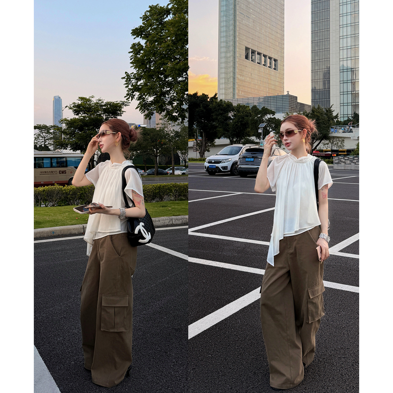 Sanjin 1.5kg Olive Green American Retro Multi-Pocket Cargo Pants Summer Loose Wide-Leg Casual Pants