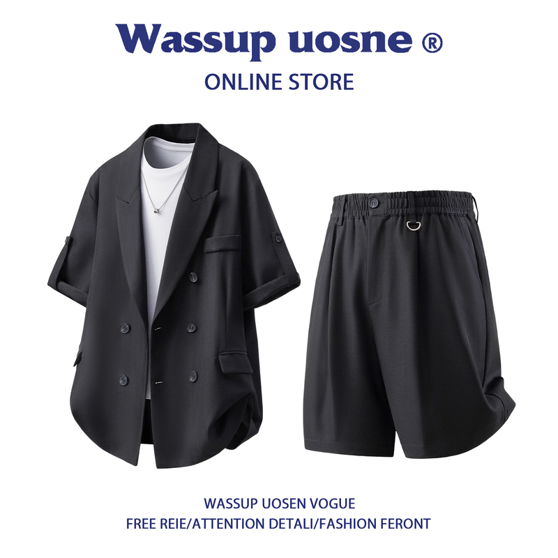 Wassup Uosne Double-Breasted Suit Set for Men, High-End Summer Thin Short-Sleeved Shorts Outfit, Complete Set