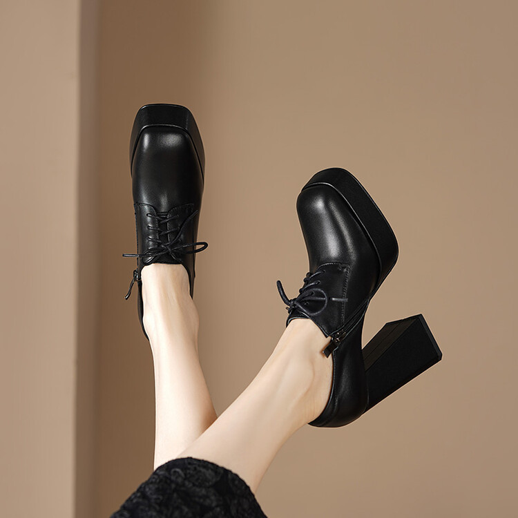 12cm Square Toe Chunky Heel Full Genuine Leather Autumn and Winter Fleece-Lined Deep-Cut Lace-Up Platform Fashion High-Heeled Shoes