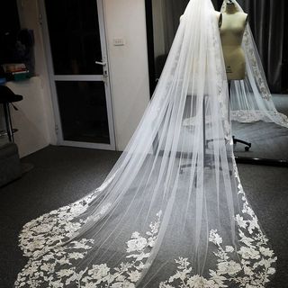 新娘结婚复古森系婚礼蕾丝头纱扇形大教堂带发梳高端长款拍照头饰