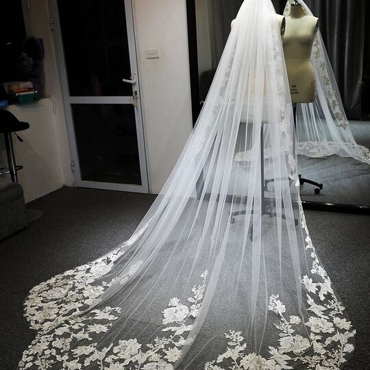 新娘结婚复古森系婚礼蕾丝头纱扇形大教堂带发梳高端长款拍照头饰